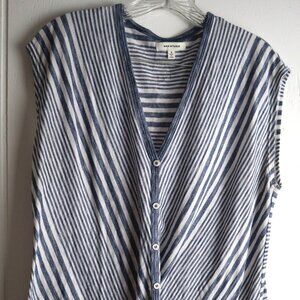 Max Studio Blue White Striped Short Sleeve V-Neck Button Down Top Womens Small
